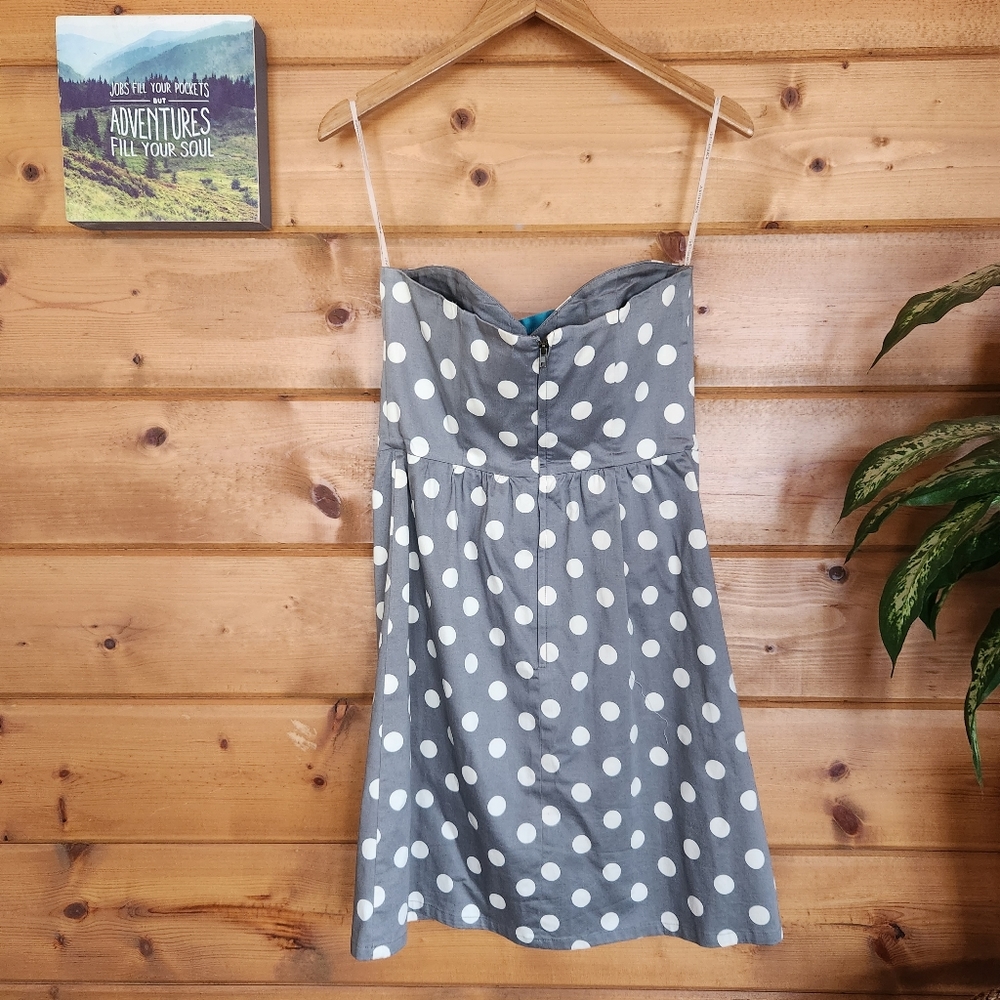 Judith March 💜 Strapless Fit & Flare Gray White Polka Dot Dress Teal Bow Medium - Picture 6 of 7